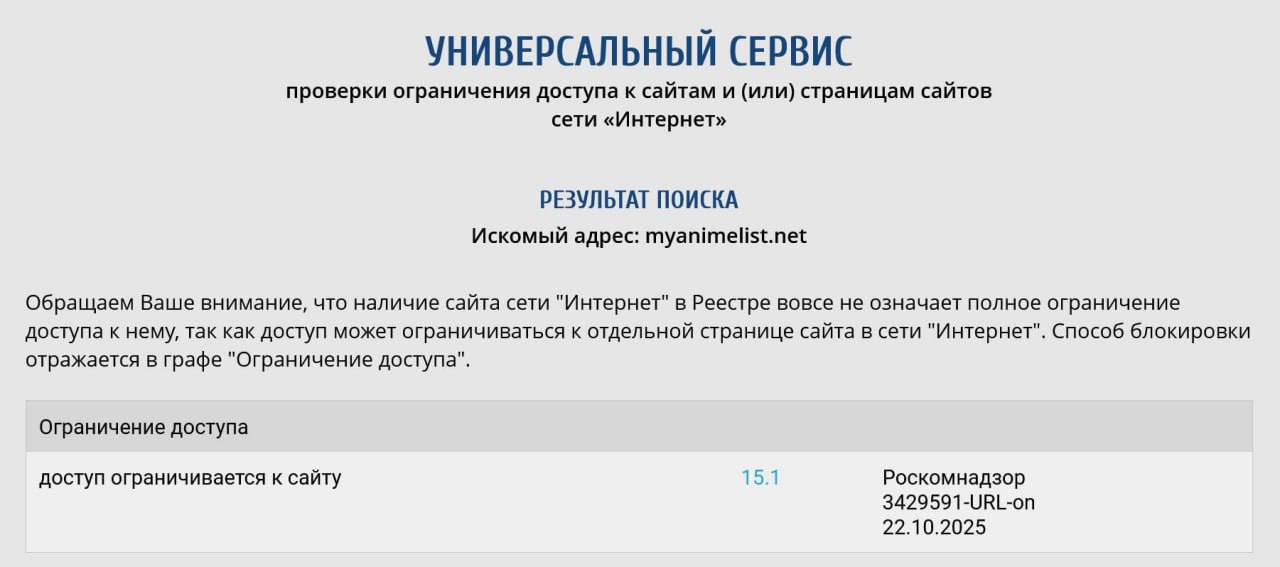 Роскомнадзор заблокировал самый крупный в мире сайт об аниме — MyAnimist