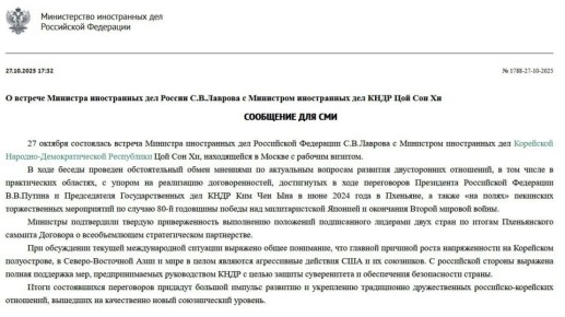 Сергей Лавров и глава МИД КНДР в ходе встречи подтвердили приверженность выполнению положений договора о всеобъемлющем стратегическом партнерстве
