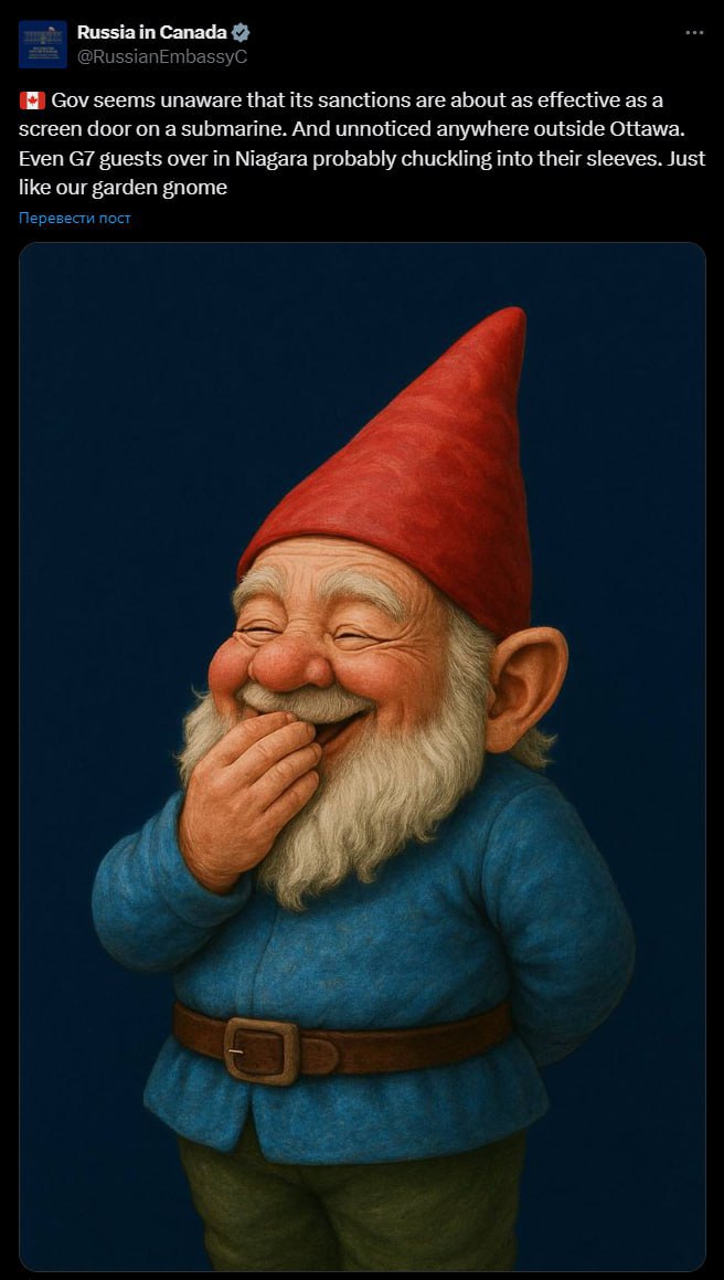 Санкции Канады — все равно что противомоскитная сетка на подлодке, заявило посольство РФ, комментируя решение Оттавы о расширении черных списков в отношении Москвы
