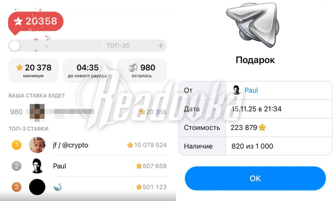 Пользователь в Telegram выложил порядка 20 млн за подарок на виртуальном аукционе