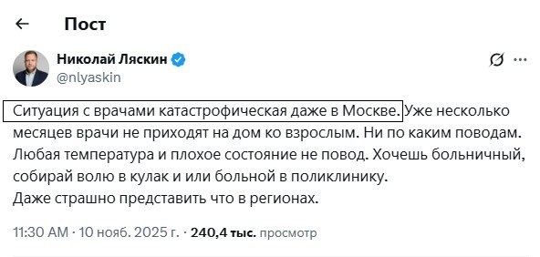 Навальнёнок Николаус Ляскин (-ус), сидя в Литве, фиксирует «катастрофическую ситуацию с врачами в Москве»