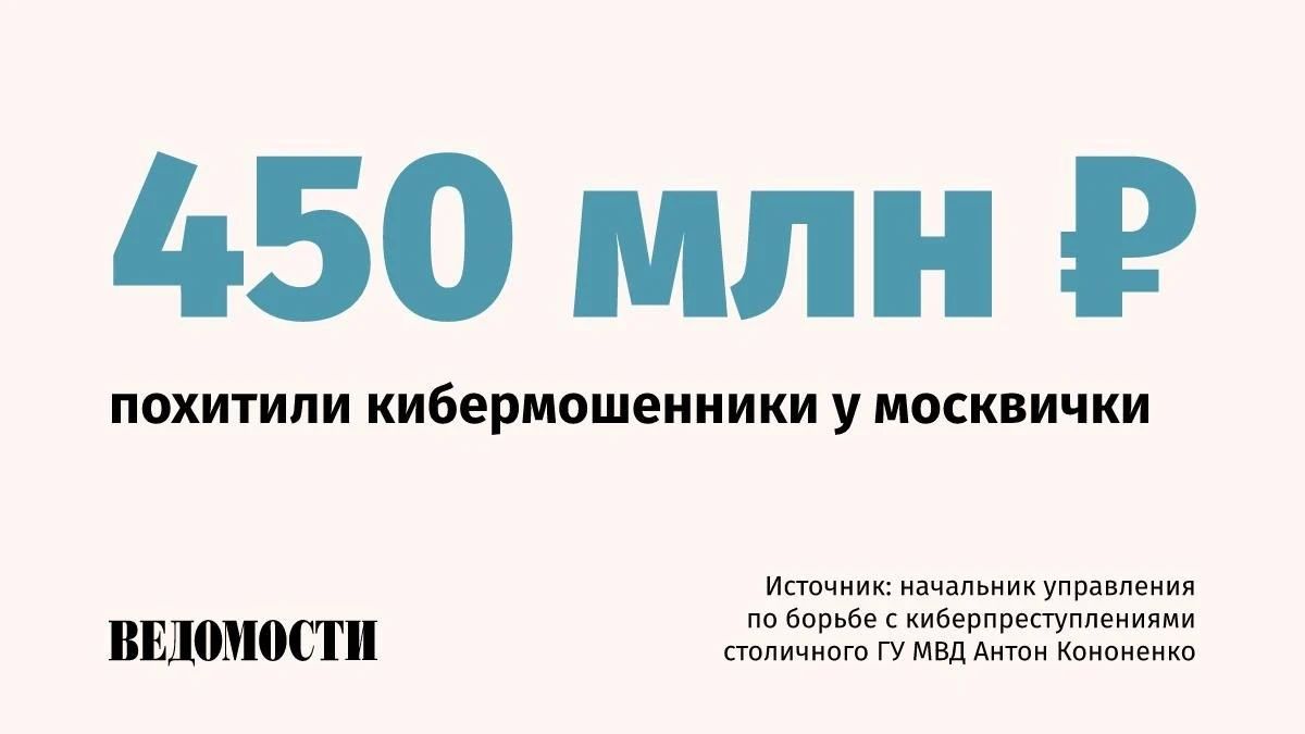Рекордная сумма, похищенная кибермошенниками у одного человека в Москве, составила 450 млн рублей
